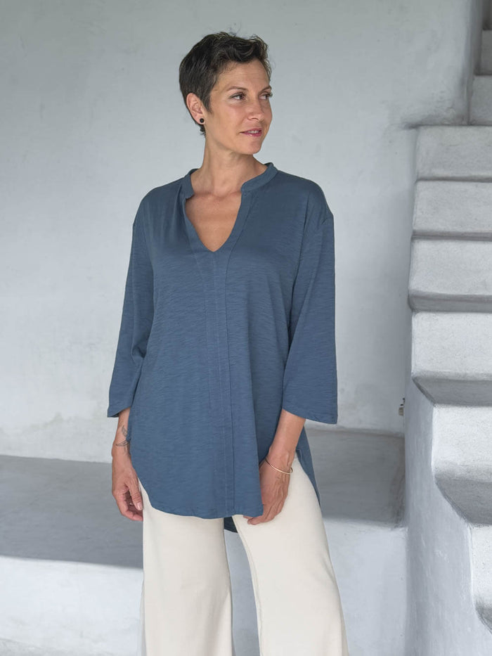 caraucci women's cotton blue v-neck loose fit 3/4 sleeve kurta tunic with stone flare pants #color_pacific