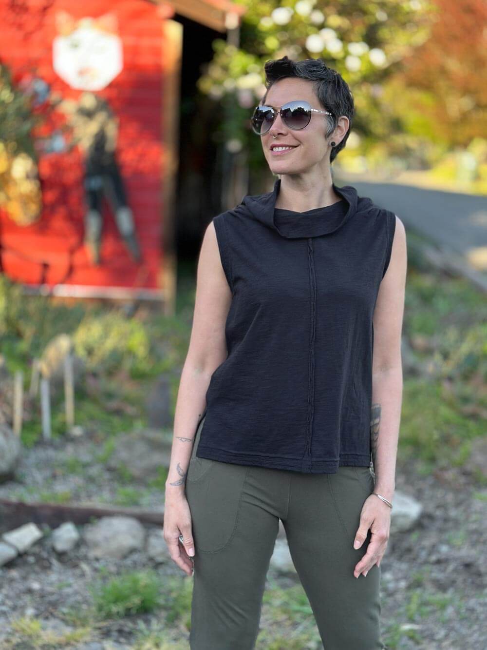 caraucci cotton black cowl neck tank top #color_black
