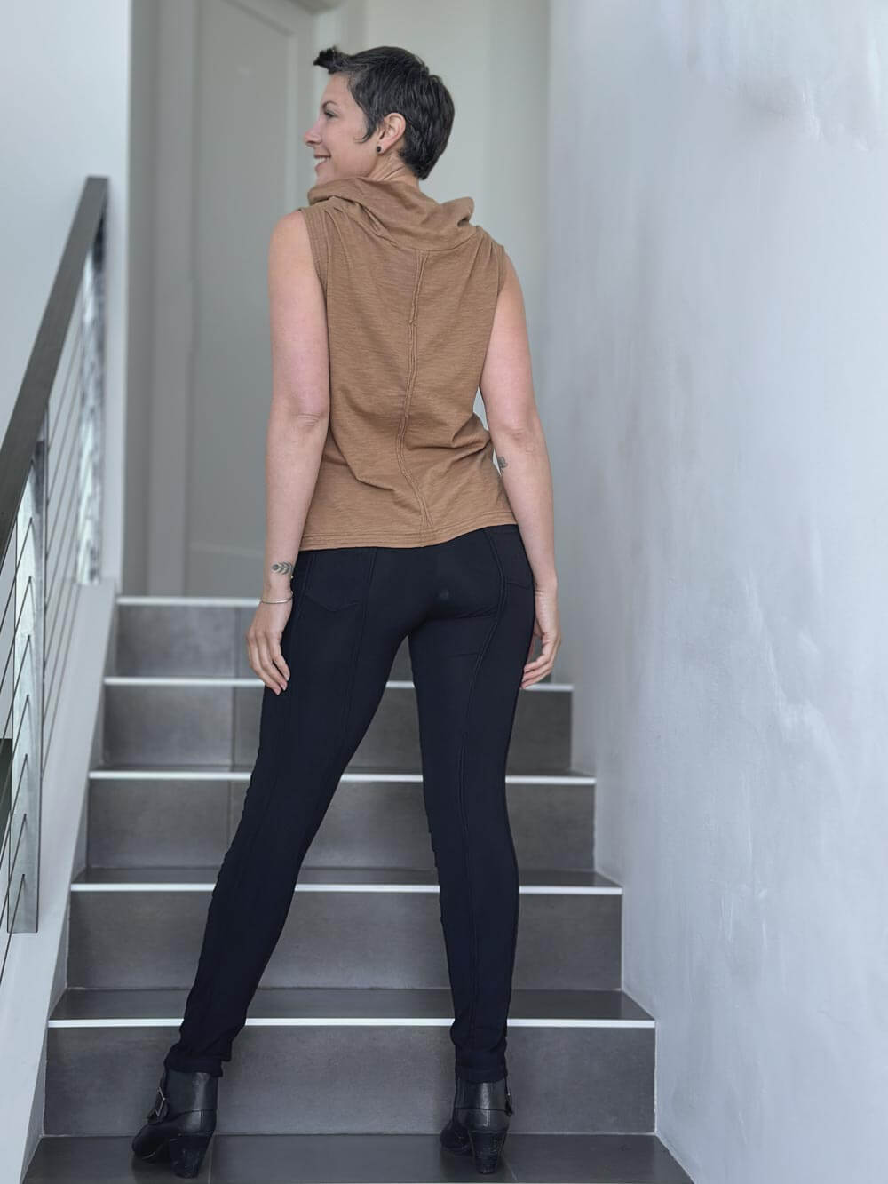 caraucci cotton gold cowl neck tank top #color_camel