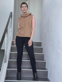 caraucci cotton gold cowl neck tank top #color_camel