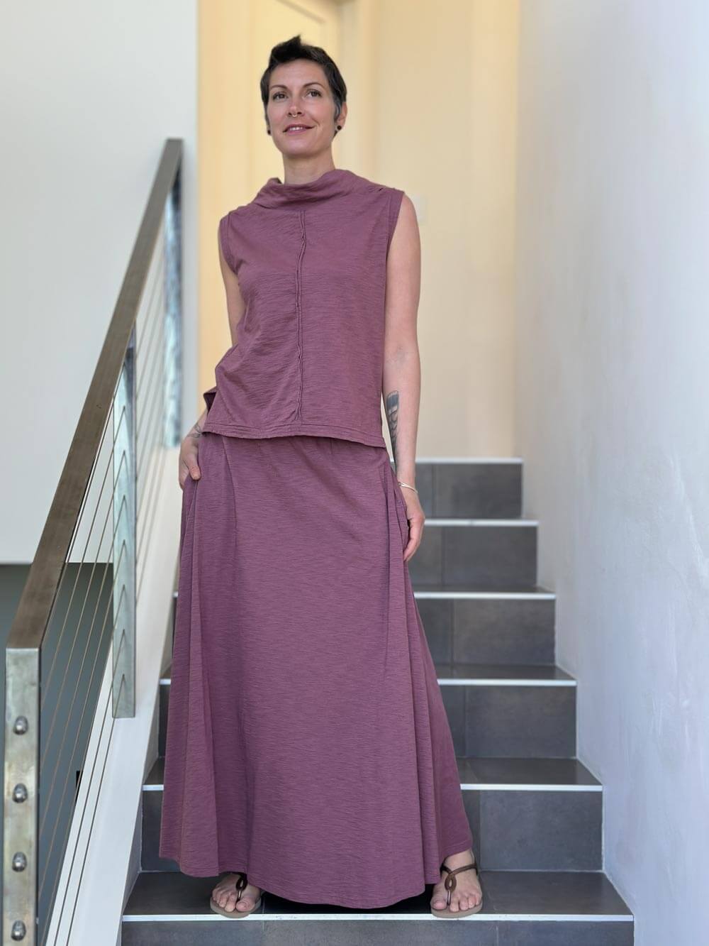 caraucci pink cotton smocked waist pocket skirt #color_mangosteen