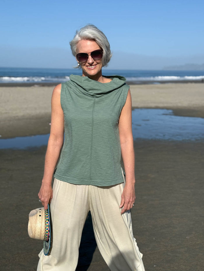 caraucci cotton sage green cowl neck tank top #color_matcha