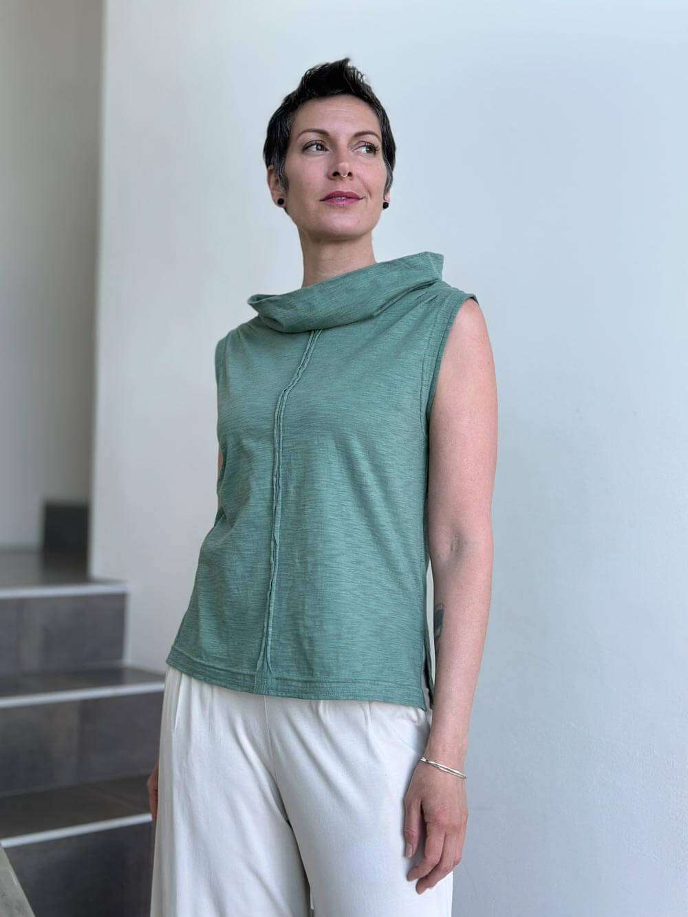 caraucci cotton sage green cowl neck tank top #color_matcha