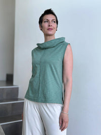 caraucci cotton sage green cowl neck tank top #color_matcha