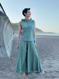 caraucci cotton smocked waist sage green wide leg flow pants #color_matcha