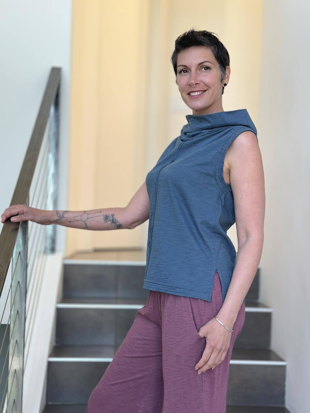 caraucci cotton blue cowl neck tank top #color_pacific