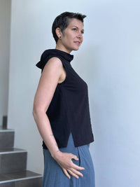 caraucci cotton black cowl neck tank top #color_black