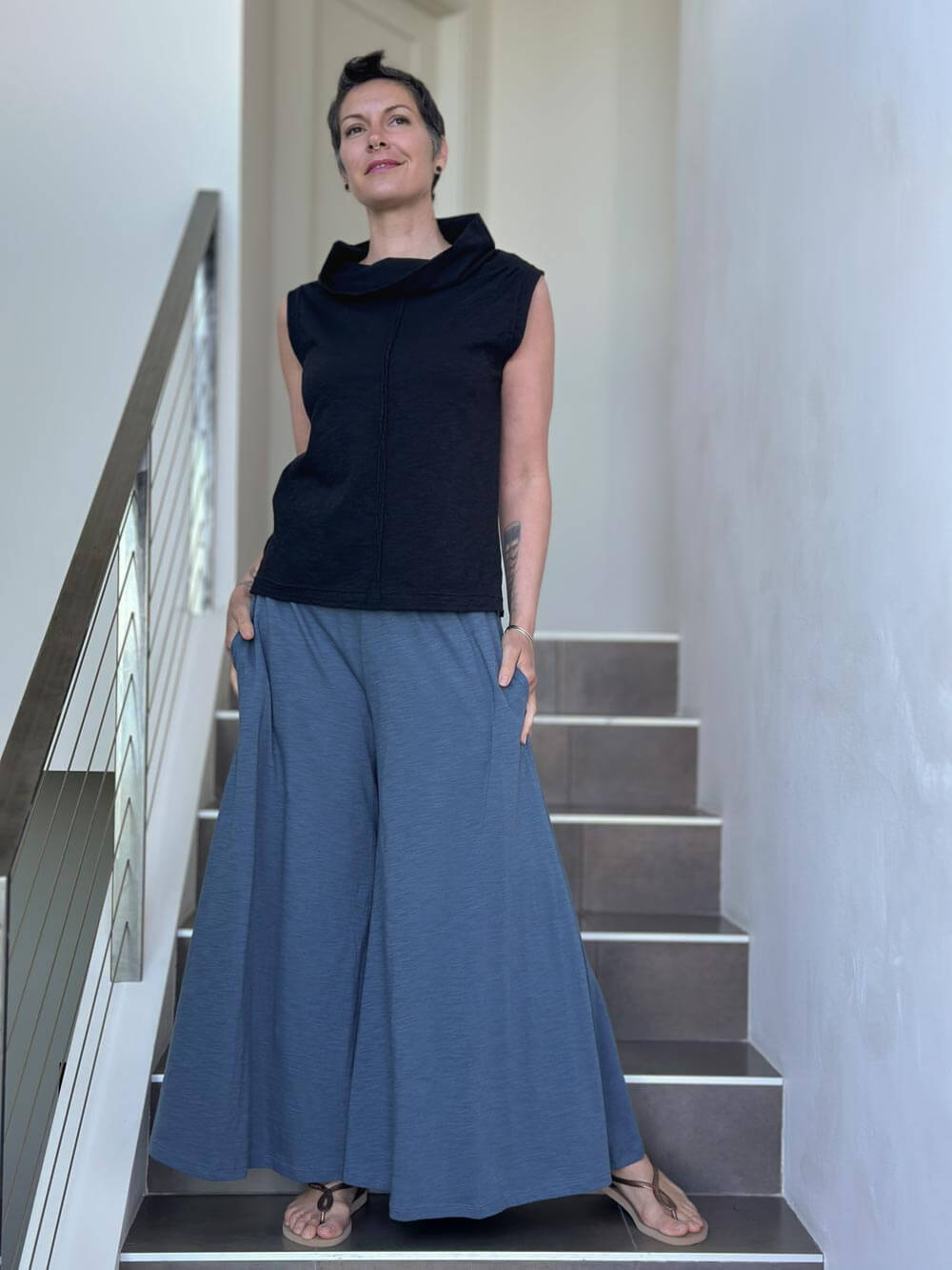 caraucci cotton black cowl neck tank top #color_black