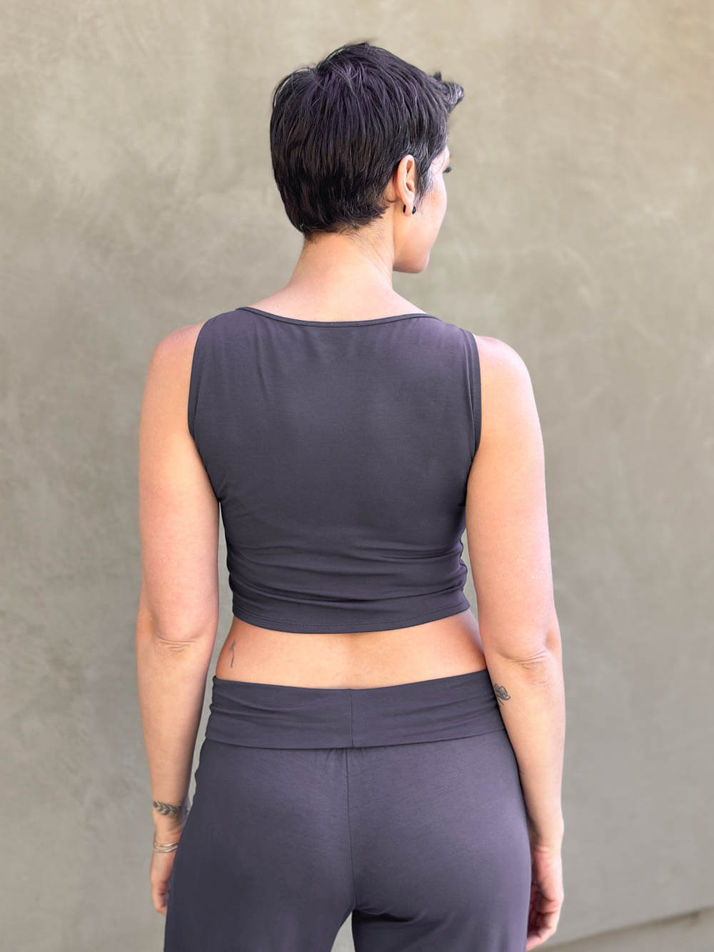caraucci plant-based fitted steel grey boatneck crop top #color_steel