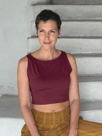 caraucci plant-based fitted maroon boatneck crop top #color_wine