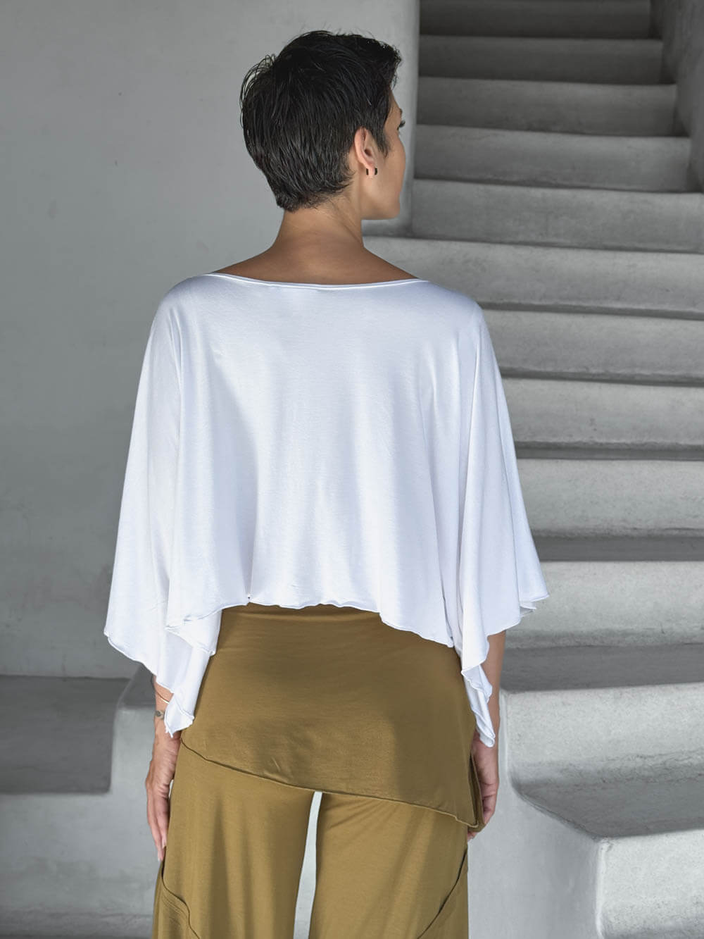 carauccI women's natural rayon jersey loose fit white wide neck top  #color_white