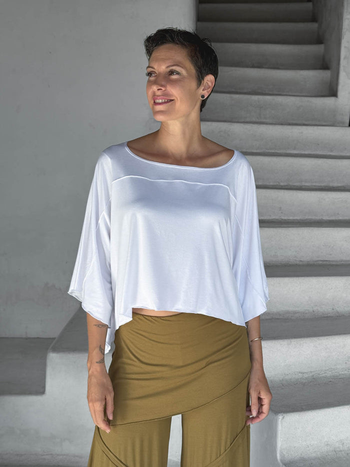 carauccI women's natural rayon jersey loose fit white wide neck top  #color_white