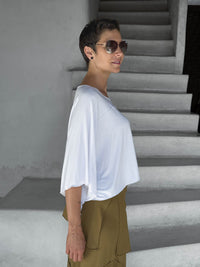 carauccI women's natural rayon jersey loose fit white wide neck top  #color_white