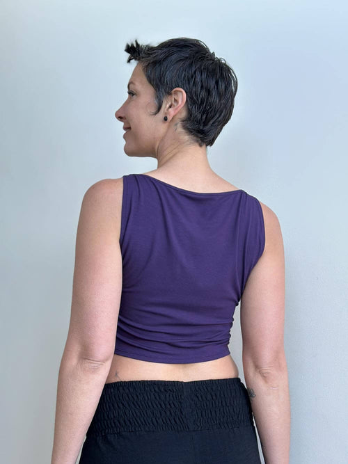 caraucci plant-based fitted purple boatneck crop top #color_plum
