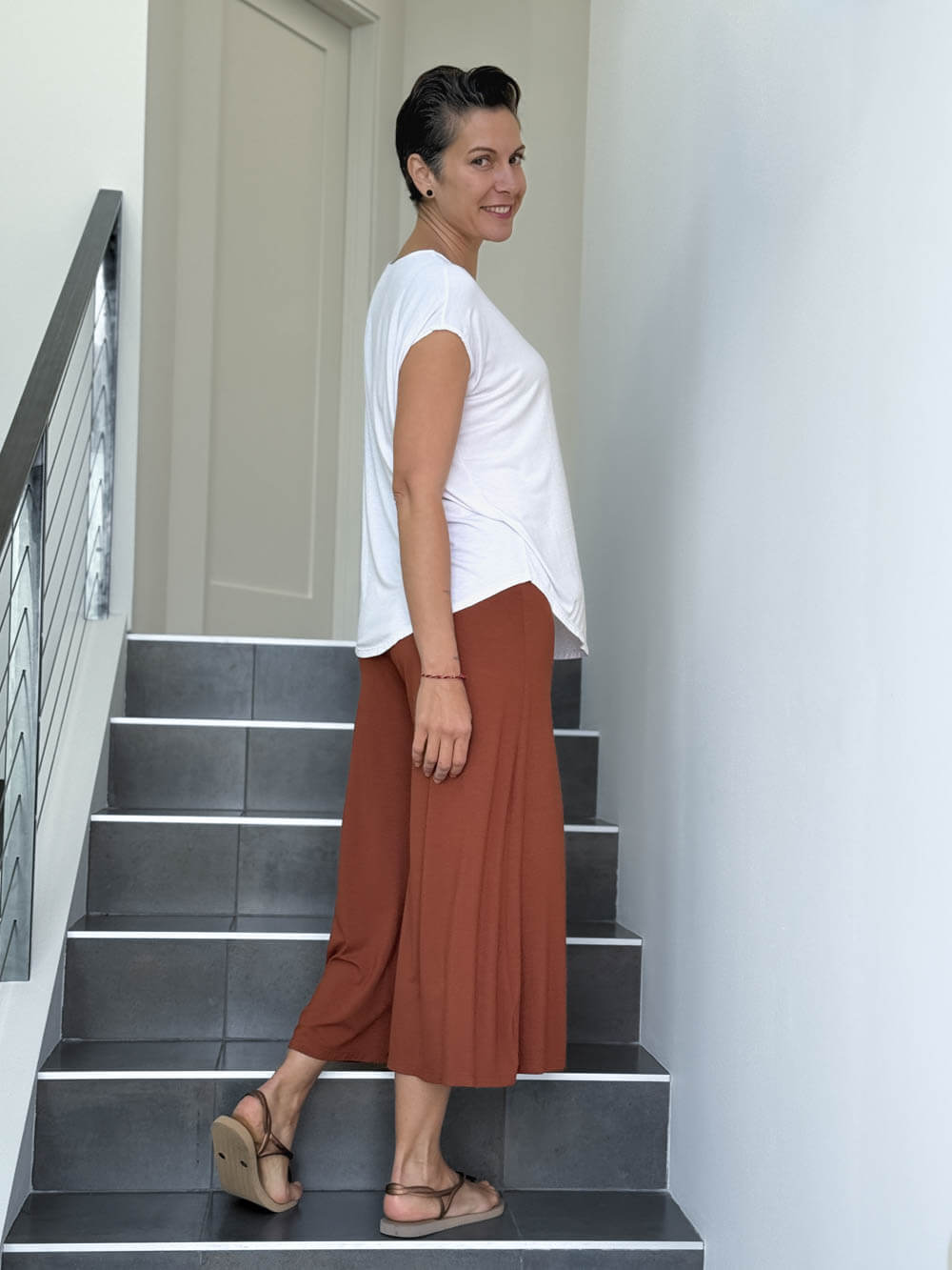 caraucci women's burnt orange wide leg cropped flare pants #color_copper