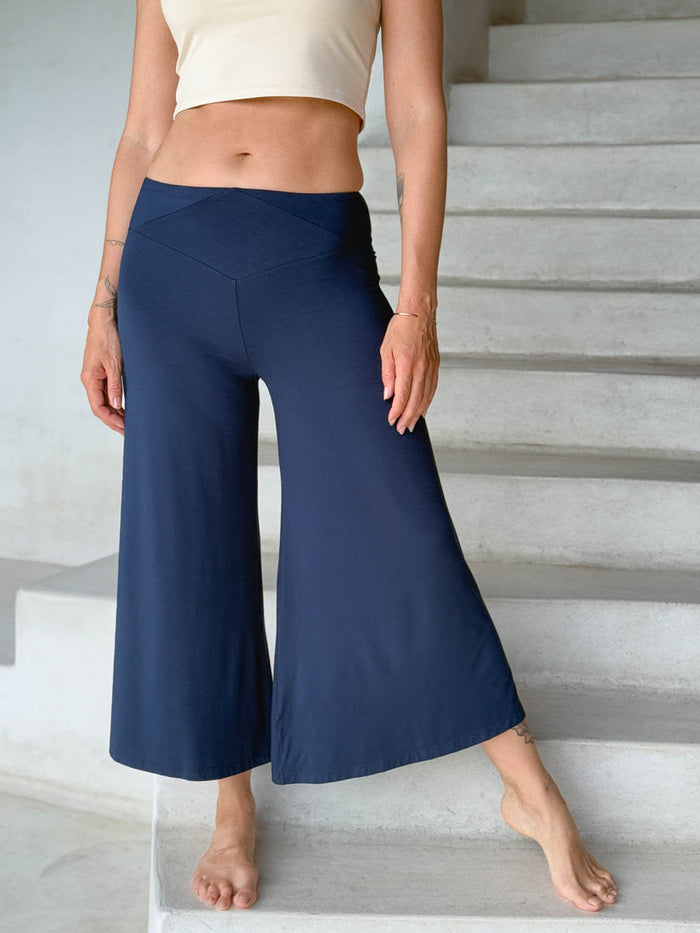 caraucci women's plant-based rayon jersey cropped navy wide leg pants #color_navy