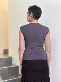 caraucci plant-based rayon stretch jersey steel grey cross over neckline top #color_steel