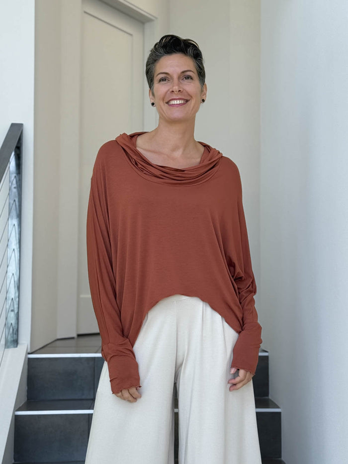 women's natural lightweight rayon jersey orange cowl neck loose fit top with thumbholes #color_copper