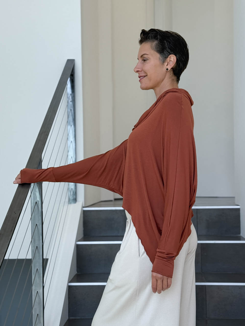 women's natural lightweight rayon jersey orange cowl neck loose fit top with thumbholes #color_copper