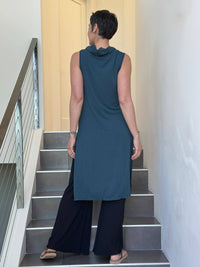 caraucci teal blue cowl neck side slit sleeveless tunic #color_teal