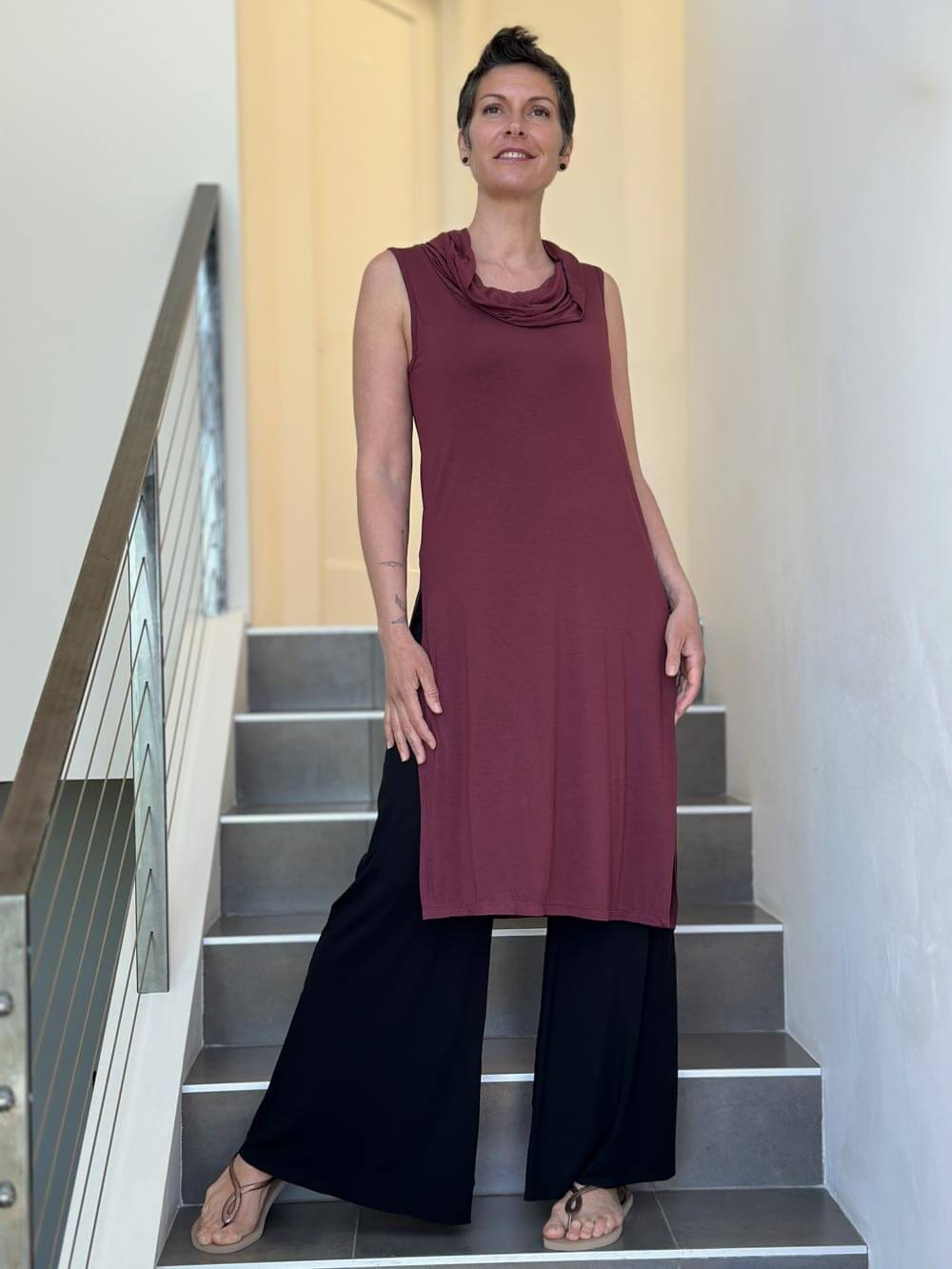 caraucci maroon cowl neck side slit sleeveless tunic #color_wine