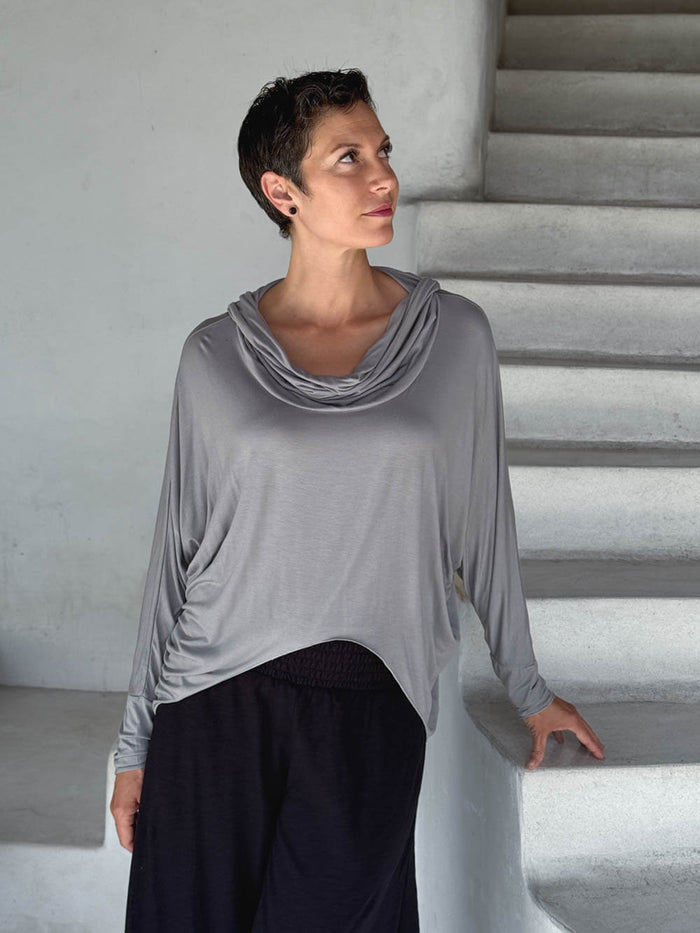 caraucci-woman-wearing-stone-dolman-cowl-top-in-lightweight-rayon-jersey #color_stone