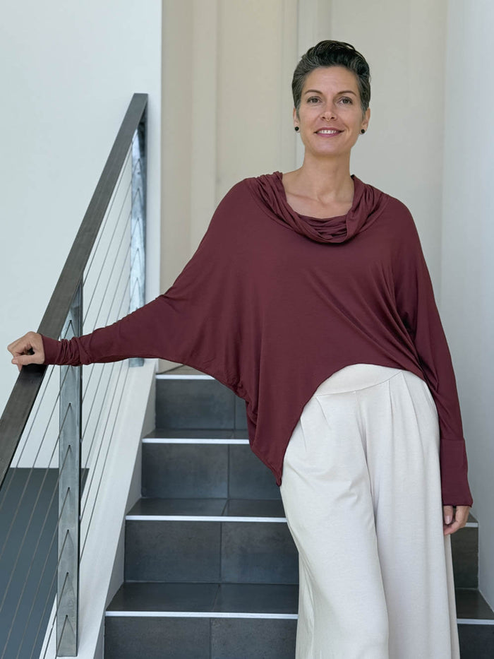 women's natural lightweight rayon jersey cowl neck loose fit top with thumbholes #color_wine