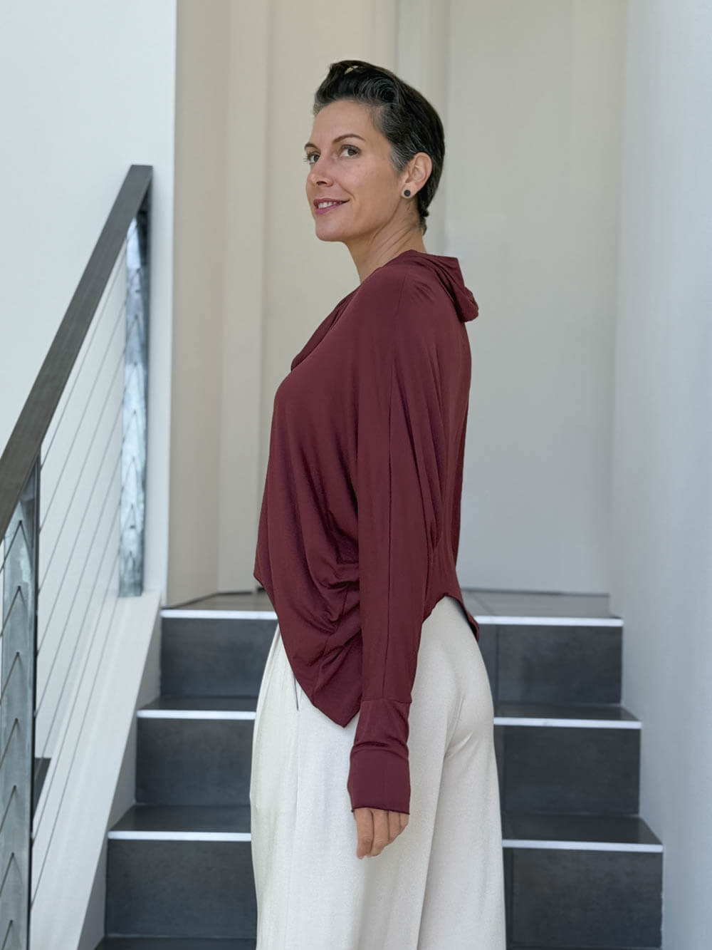 women's natural lightweight rayon jersey cowl neck loose fit top with thumbholes #color_wine