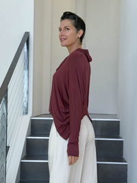 women's natural lightweight rayon jersey cowl neck loose fit top with thumbholes #color_wine