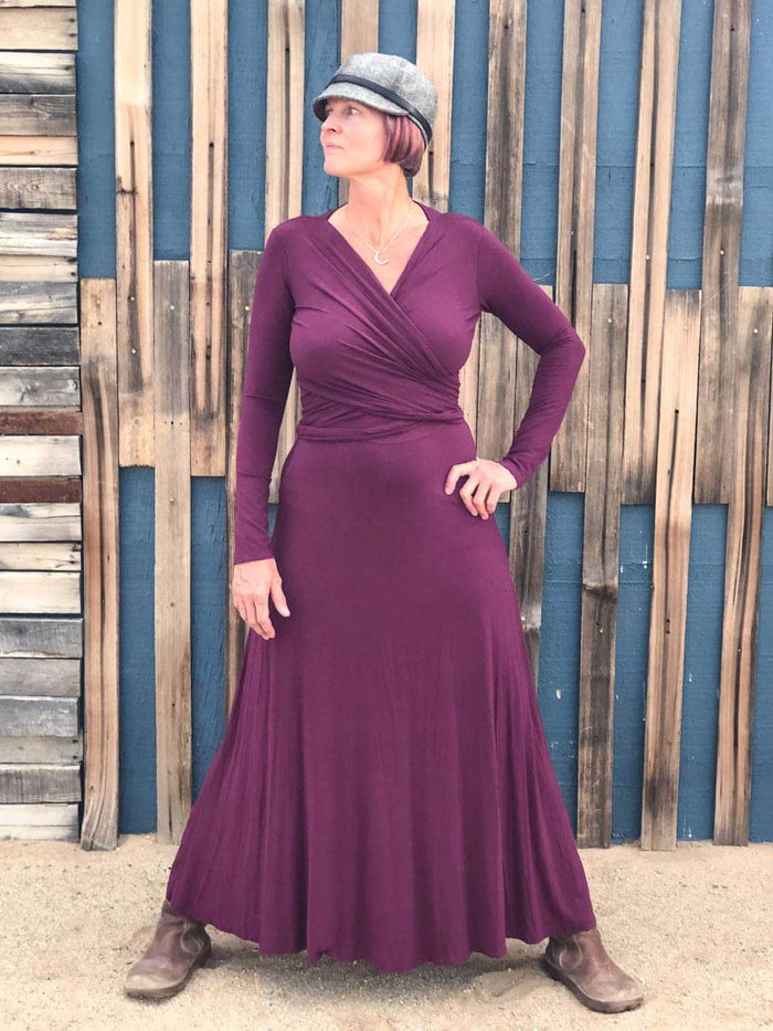 women's plant-based rayon jersey stretchy long sleeve wrap style purple maxi dress #color_jam