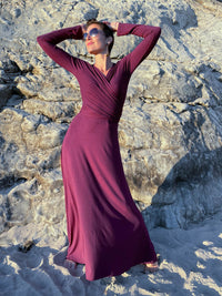 women's plant-based rayon jersey stretchy long sleeve wrap style purple maxi dress #color_jam