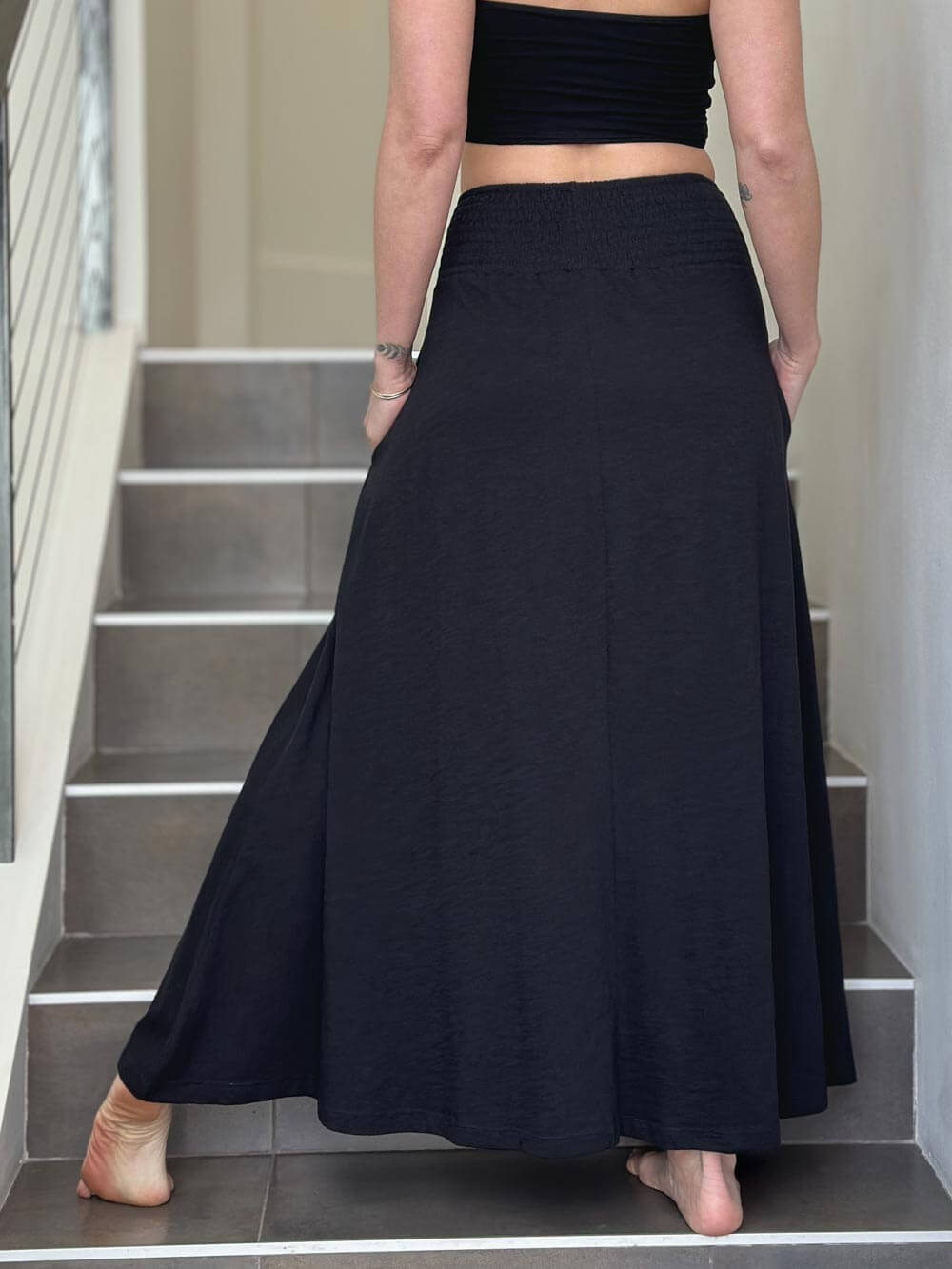 caraucci black cotton smocked waist pocket skirt #color_black