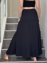 caraucci black cotton smocked waist pocket skirt #color_black