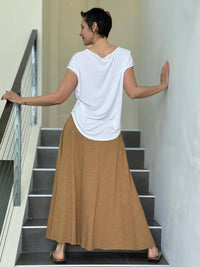 caraucci gold cotton smocked waist pocket skirt #color_camel