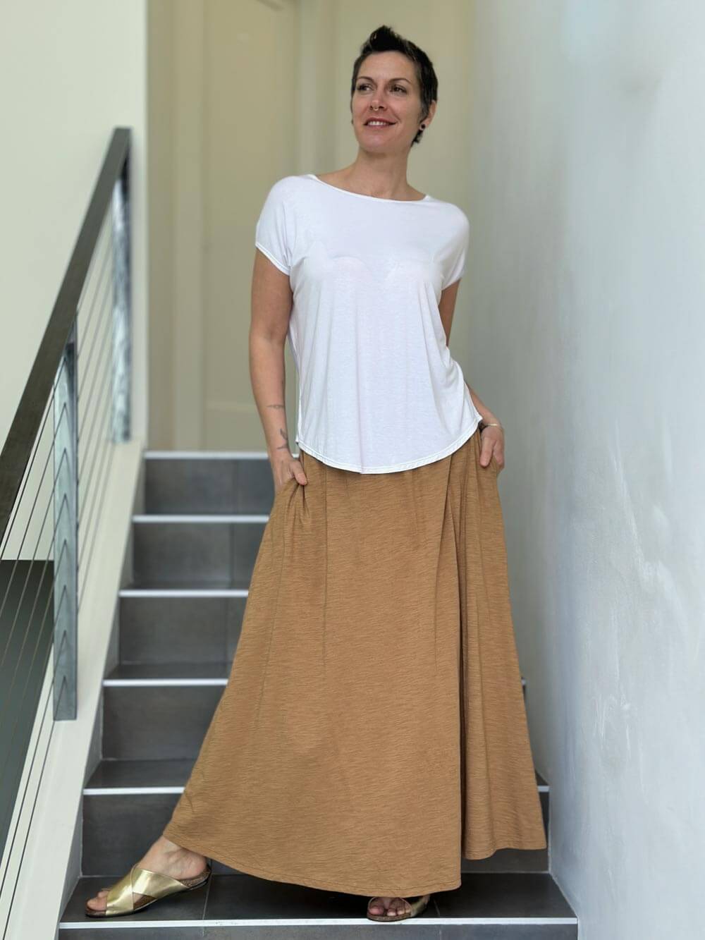 caraucci gold cotton smocked waist pocket skirt #color_camel