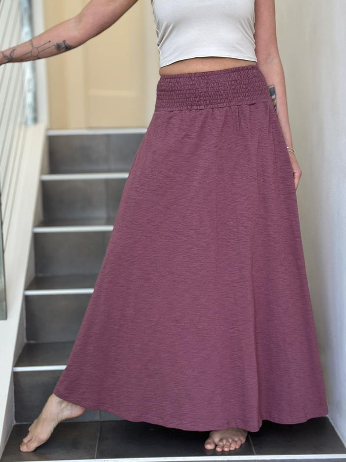 caraucci pink cotton smocked waist pocket skirt #color_mangosteen