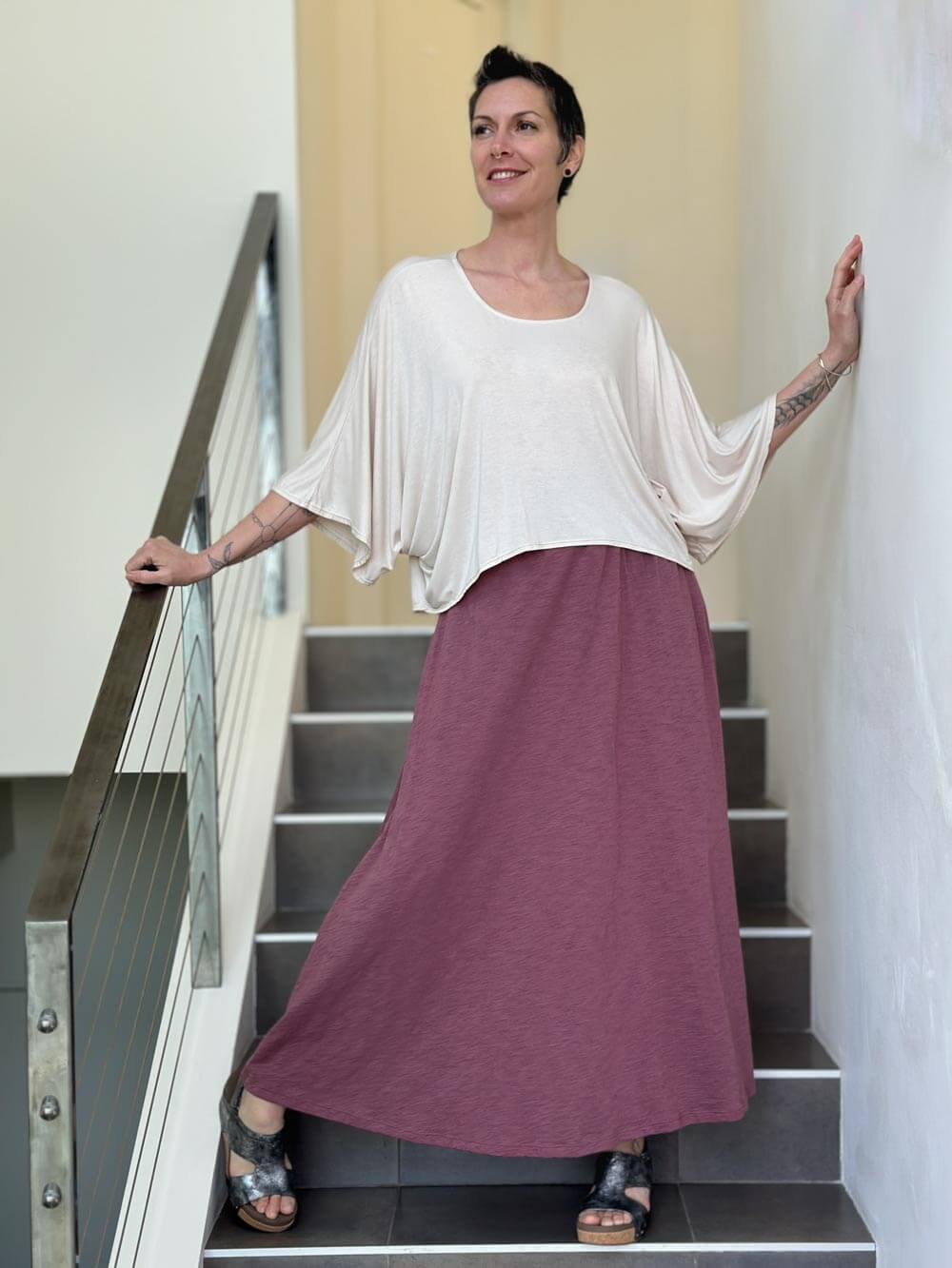 caraucci pink cotton smocked waist pocket skirt #color_mangosteen