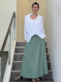 caraucci sage green cotton smocked waist pocket skirt #color_matcha