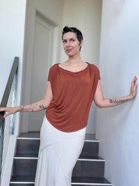 caraucci women's plant-based rayon jersey burnt orange lightweight loose fit top #color_copper