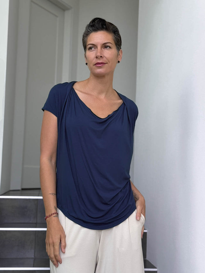 caraucci women's plant-based rayon jersey navy blue lightweight loose fit top #color_navy