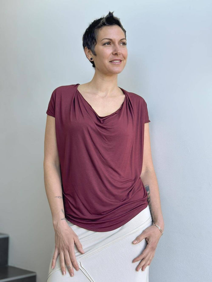 caraucci women's plant-based rayon jersey maroon lightweight loose fit top #color_wine