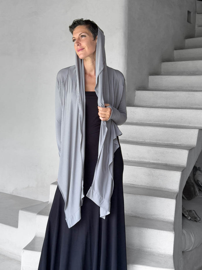 women's jersey light grey long sleeve convertible wrap jacket with thumbholes that can be worn 2 ways #color_stone