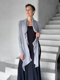 women's jersey light grey long sleeve convertible wrap jacket with thumbholes that can be worn 2 ways #color_stone