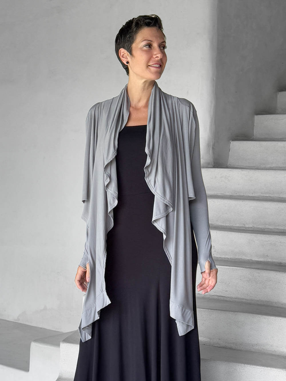 women's jersey light grey long sleeve convertible wrap jacket with thumbholes that can be worn 2 ways #color_stone