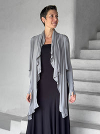 women's jersey light grey long sleeve convertible wrap jacket with thumbholes that can be worn 2 ways #color_stone
