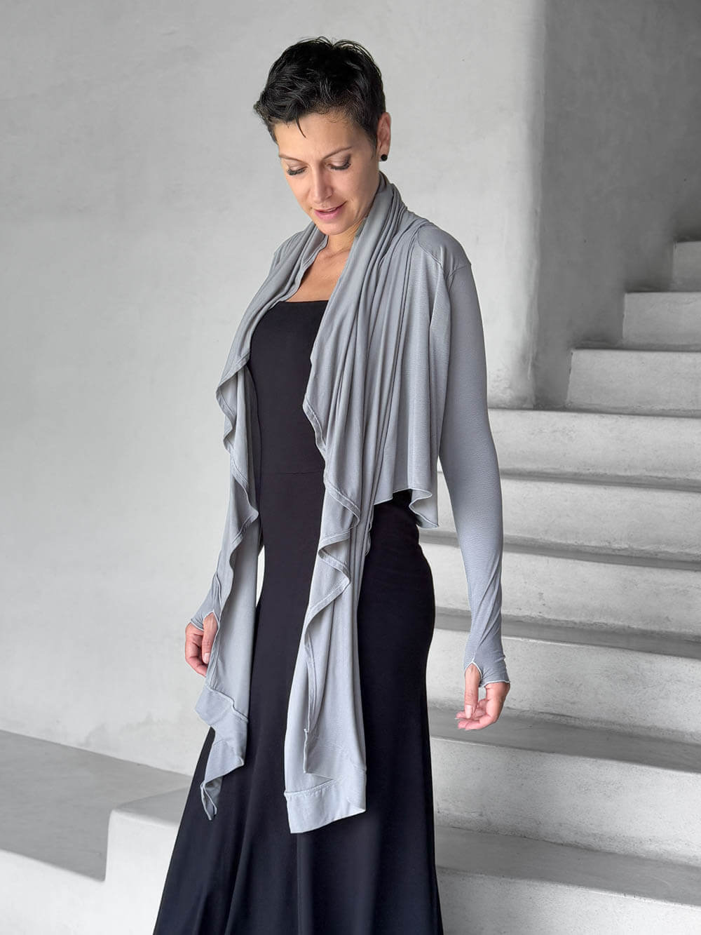 women's jersey light grey long sleeve convertible wrap jacket with thumbholes that can be worn 2 ways #color_stone
