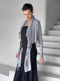 women's jersey light grey long sleeve convertible wrap jacket with thumbholes that can be worn 2 ways #color_stone