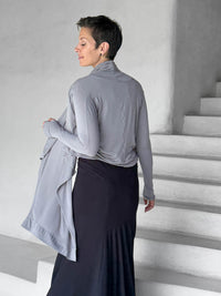 women's jersey light grey long sleeve convertible wrap jacket with thumbholes that can be worn 2 ways #color_stone
