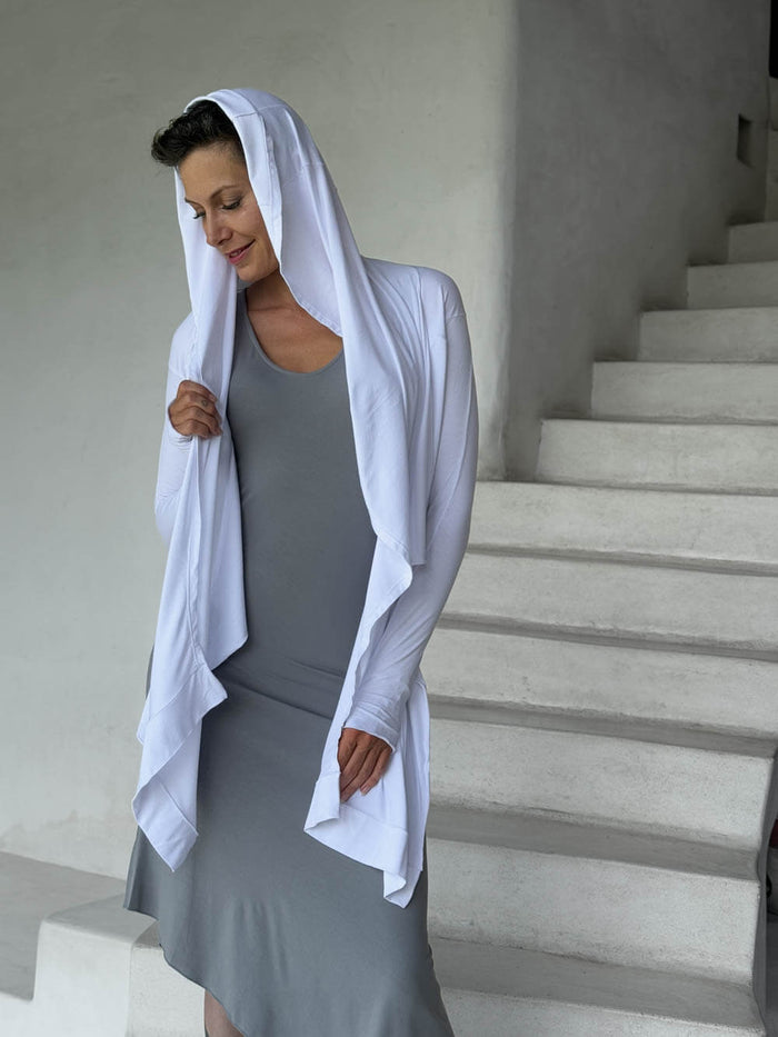 womens long sleeve jersey white wrap jacket with thumbholes that can be worn 2 ways #color_white