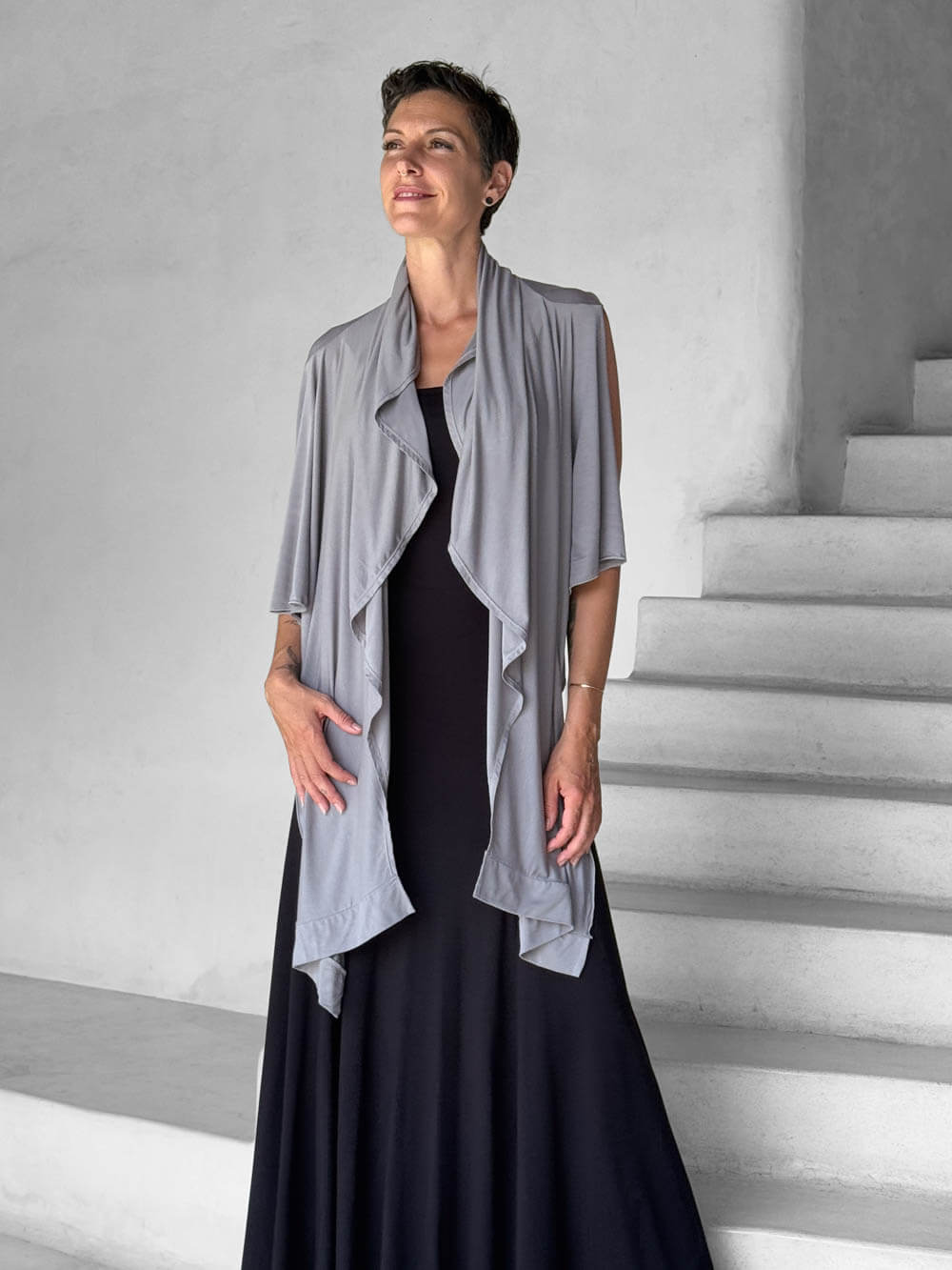 caraucci lightweight rayon jersey convertible gray wrap vest can be worn multiple ways #color_stone